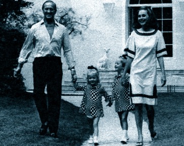 Hjördis and David Niven with Fiona and Kristina. Dig those op art dresses!