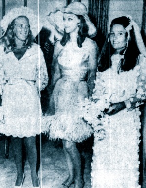 Jamie Niven's wedding day,, July 1968. The bride's mother Mrs Leas, a rather uncomfortable looking Hjordis, and the bride Fernanda Wetherill.